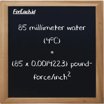How to convert millimeter water (4<sup>o</sup>C) to pound-force/inch<sup>2</sup>: 85 millimeter water (4<sup>o</sup>C) (mmH2O) is equivalent to 85 times 0.0014223 pound-force/inch<sup>2</sup> (lbf/in<sup>2</sup>)